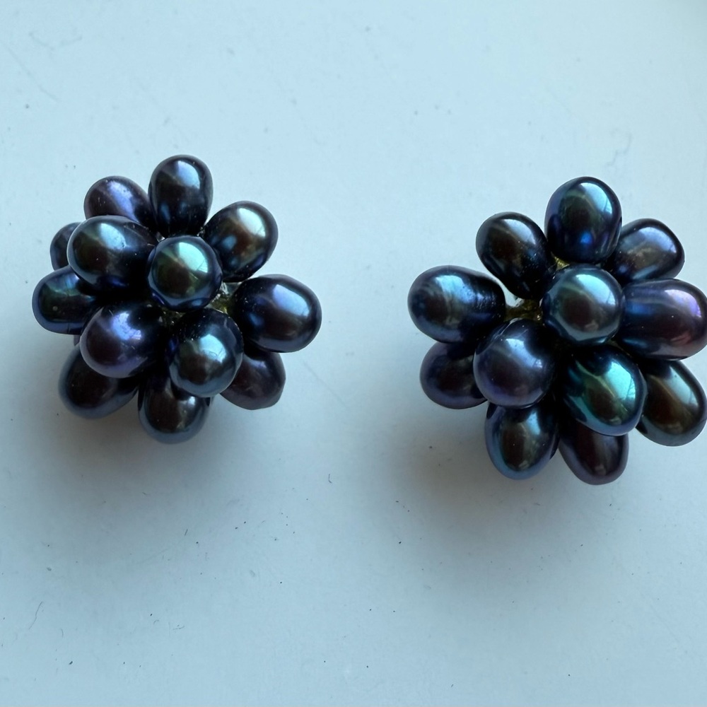 Pearl Earrings with Blue and Black Accents.